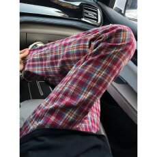 春秋揭潮坊薄款裤子格子毛呢高腰百搭小个子休闲直筒宽松阔腿裤男