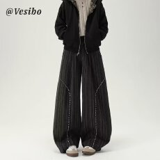批发格纹揭潮坊直筒休闲裤男<b class='q'>春</b>秋美式复古垂感慵懒风宽松百搭卫裤长裤
