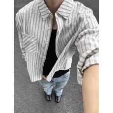 批发春秋左手落肩条纹衬衫男女美式<b class='q'>日系</b>慵懒松弛宽松<b class='q'>复古</b>长袖情侣衬衣