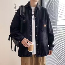 批发港风潮人邦牛仔长袖<b class='q'>衬衫</b>男生休闲春秋痞帅外套青少年日系潮流新款