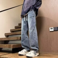 批发拼接淘潮牛仔裤男<b class='q'>秋</b>冬款阔腿垂感宽松直筒裤子小众设计感高级美式
