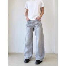 批发美式酷森野复古水洗微喇叭牛仔裤男夏季新款浅色拖地裤低腰阔腿裤