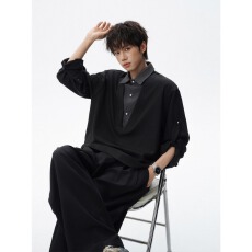 批发【长袖款】韩系发财假两件撞色polo领长袖衬衫男<b class='q'>夏</b>季薄款百搭宽松