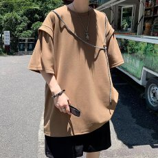 批发潮牌轩潮社春夏新款设计感分割线圆领短袖T恤男纯通勤内搭打底衫