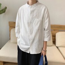 批发春<b class='q'>夏</b>季揭潮坊超火复古短袖衬衫情侣装港风宽松简约纯色七分袖衬衣