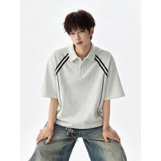 批发美式经典条纹拼接polo衫短袖<b class='q'>男生</b>夏季宽松休闲青少年翻领半袖<b class='q'>t</b><b class='q'>恤</b>
