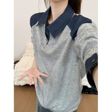 批发松弛感发财<b class='q'>翻领</b>拼接卫衣POLO衫<b class='q'>男士</b>秋季穿搭痞帅设计感长袖打底衫