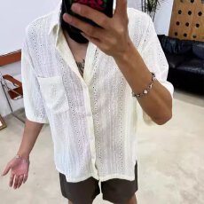 批发潮流揭潮坊简约古巴领提花镂空短袖衬衫男<b class='q'>夏</b>季休闲宽松痞帅衬衣