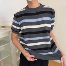批发美式揭潮坊复古轻奢毛织条纹圆领T恤男雅痞舒适透气休闲半袖衫