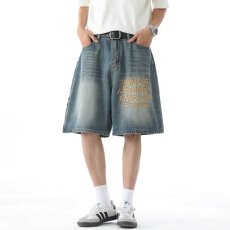 批发美式高街潮客复古休闲直筒牛仔中裤男<b class='q'>夏</b>季薄款显瘦阔腿五分牛仔裤