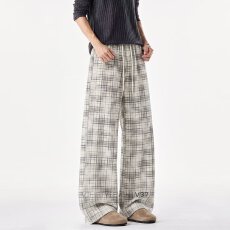批发美式正派复古格子裤男款<b class='q'>夏</b>季垂感宽松阔腿裤子健身运动休闲裤长裤