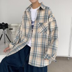 批发衬衣揭潮坊港风ins格子衬衫男宽松韩版潮牌简约长袖衬衣春<b class='q'>秋</b>青年