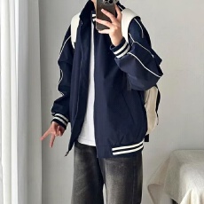 批发美式左手立领男女夹克青少年复古撞色拼接开衫上衣学院风情侣<b class='q'>外套</b>