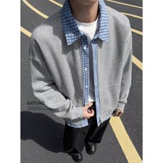 批发美式鹿野格纹撞色拼接假两件翻领夹克男女春秋季宽松休闲百搭<b class='q'>外套</b>