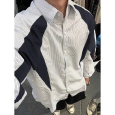 批发<b class='q'>夏</b>季元宝复古竖条纹拼接短袖衬衫男潮牌宽松解构休闲半袖衬衣情侣