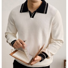 批发男装衣方拼色领子衣服男针织上衣时尚高端修身polo衫套头长袖男