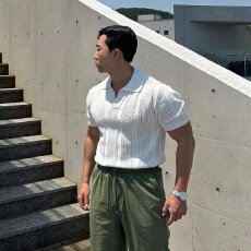 批发潮流揭潮坊日系原宿无品牌镂空翻领透气白色针织短袖t恤衫男上衣