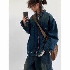 批发日系港麦立领工装牛仔外套男女春<b class='q'>秋</b>季宽松休闲潮牌水洗机车夹克