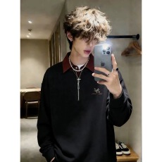 美式008假两件长袖polo衫男春秋学院风正肩t恤高级重磅衬衫领卫衣