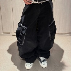 美式OOTD复古慵懒休闲多口袋拉链设计大口袋工装男宽松撞色拼接裤