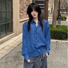 批发复古十八学院风蓝色<b class='q'>格子衬衫</b>春季2026新款高级感休闲衬衣上衣