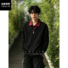 批发美式008撞色假两件polo衫长袖男秋季半拉链卫衣高级感内搭衬衣