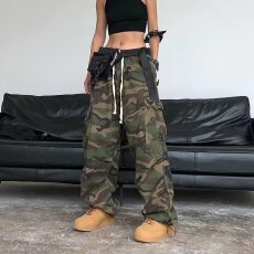 批发美式九伦狮街头复古<b class='q'>嘻哈</b>迷彩阔腿工装裤宽松大口袋休闲裤男长裤子