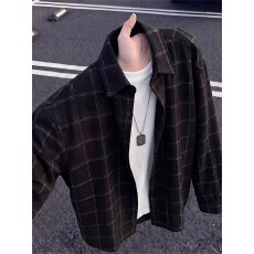批发原版面料】格子常长袖衬衫<b class='q'>男</b>春秋美式复古灯芯绒衬衣情侣开衫外套