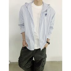 批发高级感十八先生条纹<b class='q'>衬衫</b>男夏秋季高质量刺绣连帽设计百搭休闲<b class='q'>衬衣</b>