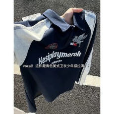 批发美式港风休闲撞色拼接翻领polo衫男秋季穿搭正肩长袖潮设计感卫衣