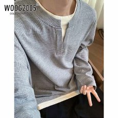 批发简约集优假两件拼接长袖T恤男女纯色华夫格设计感宽松情侣上衣韩
