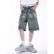 批发美式淘潮水洗做旧牛仔短裤男<b class='q'>夏</b>季新款宽松直筒阔腿裤中裤五分裤潮