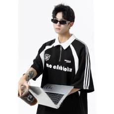 批发美式优质撞色条纹polo衫男痞帅高级翻领短袖t恤国潮拼接宽松上衣