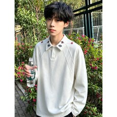 批发美式008长袖T恤男女<b class='q'>春</b>秋新款设计感翻领宽松休闲百搭打底上衣外套