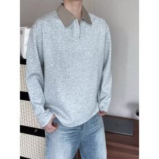 批发格子潮牌侠拼接翻领t恤男<b class='q'>春</b>秋宽松休闲polo衫假两件长袖打底上衣