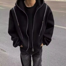 批发美式发财解构多拉链连帽开衫卫衣男女秋<b class='q'>冬</b>季重磅廓形cleanfit外套