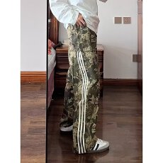条纹淘潮迷彩工装裤男女高街机能裤子夏秋季新款潮牌宽松阔腿长裤