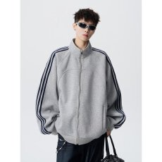 批发美式港蟹复古三条杠立领外套<b class='q'>男</b>秋季潮牌条纹<b class='q'>开衫</b>卫衣休闲运动夹克