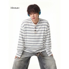 批发条纹潮乐邦拼接牛角扣<b class='q'>长袖</b><b class='q'>T</b><b class='q'>恤</b><b class='q'>男</b>女秋季宽松慵懒感套头衫简约上衣