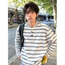 批发条纹潮乐邦拼接牛角扣<b class='q'>长袖</b><b class='q'>T</b><b class='q'>恤</b><b class='q'>男</b>女秋季宽松慵懒感套头衫简约上衣