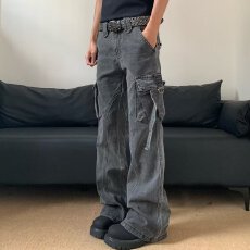 批发美式潮人邦复古多口袋工装裤男女街头vibe硬挺褶皱宽松休闲直筒裤