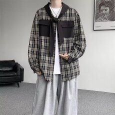 批发美式乐盛兴复古潮牌<b class='q'>格子</b>衬衫男装春秋季格纹薄款连帽衬衫上衣外套