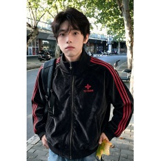 批发美式黑衣复古三条杠立领麂皮绒卫衣外套<b class='q'>男</b>秋季pu皮夹克机车骑行服