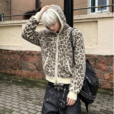 美式十八先生双拉链豹纹帽衫毛衣男女秋冬新款宽松潮情侣开衫外套