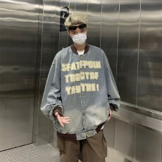 批发美式国潮嘻哈字母贴布牛仔外套男春秋复古水洗小众宽松休闲棒球服
