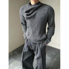 老钱风潮乐邦羊毛混纺叠领斜门襟针织衫秋冬季复古宽松休闲毛衣男