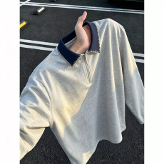 批发手缝线008翻领半拉链polo衫男<b class='q'>秋</b>季宽松长袖t恤美式休闲高级感上衣