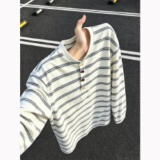 美式经典条纹牛角扣亨利领长袖T恤男女秋季慵懒松弛感polo衫上衣