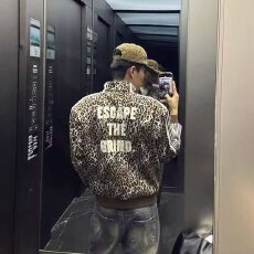 撞色佳兴条纹豹纹立领夹克男女春秋美式复古潮牌宽松休闲运动外套