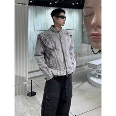 重工潮人邦解构拼接设计垫肩牛仔长袖外套男女廓形拉链立领夹克秋